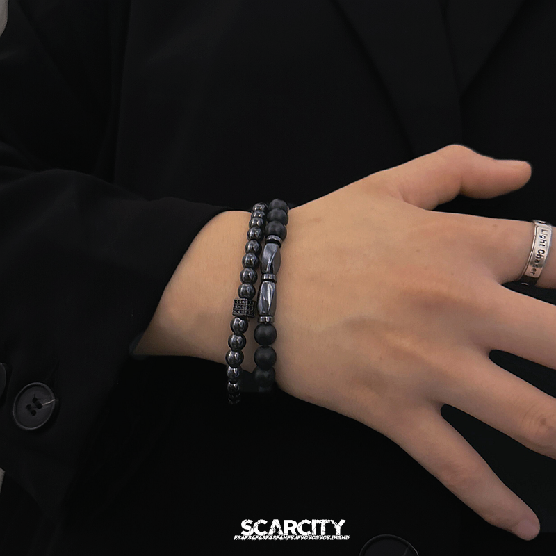 黑磨砂镶黑钻手链男女ins嘻哈小众设计复古手环套装叠戴情侣手饰