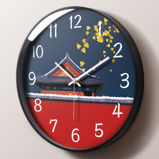 摩门中国风挂钟客厅创意中式时钟表卧室静音挂表古建筑壁钟石英钟