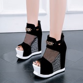 女厚底性感夜店网纱内增高松糕鱼嘴鞋 时尚 坡跟超高跟防水台凉鞋