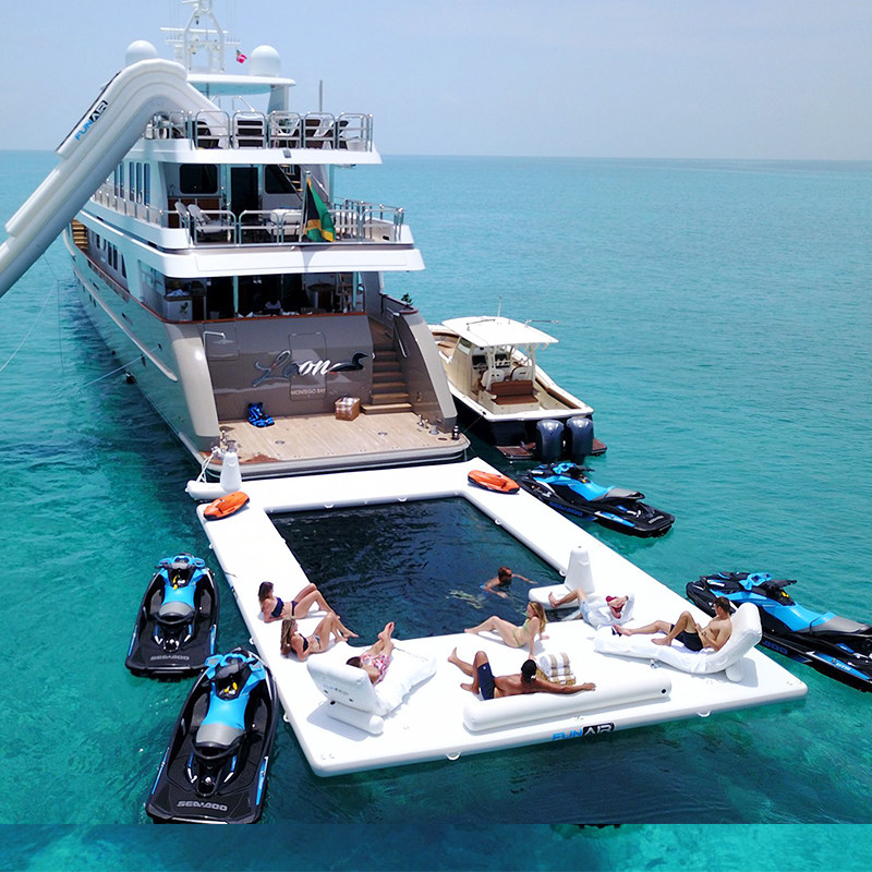 海上充气游泳池带网防溺水水上浮台漂浮戏水休息平台床浮排游艇