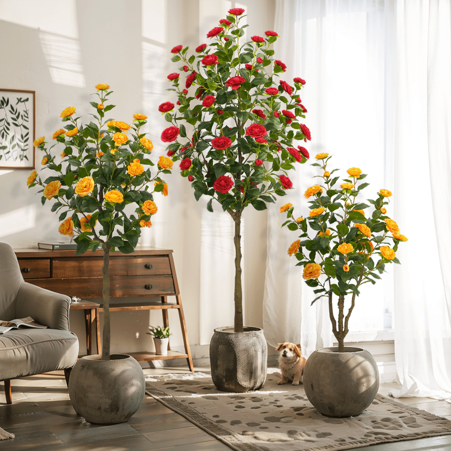 仿真山茶花树绿植盆载山茶树家居装饰造景国风仿假茶树绿植物盆栽