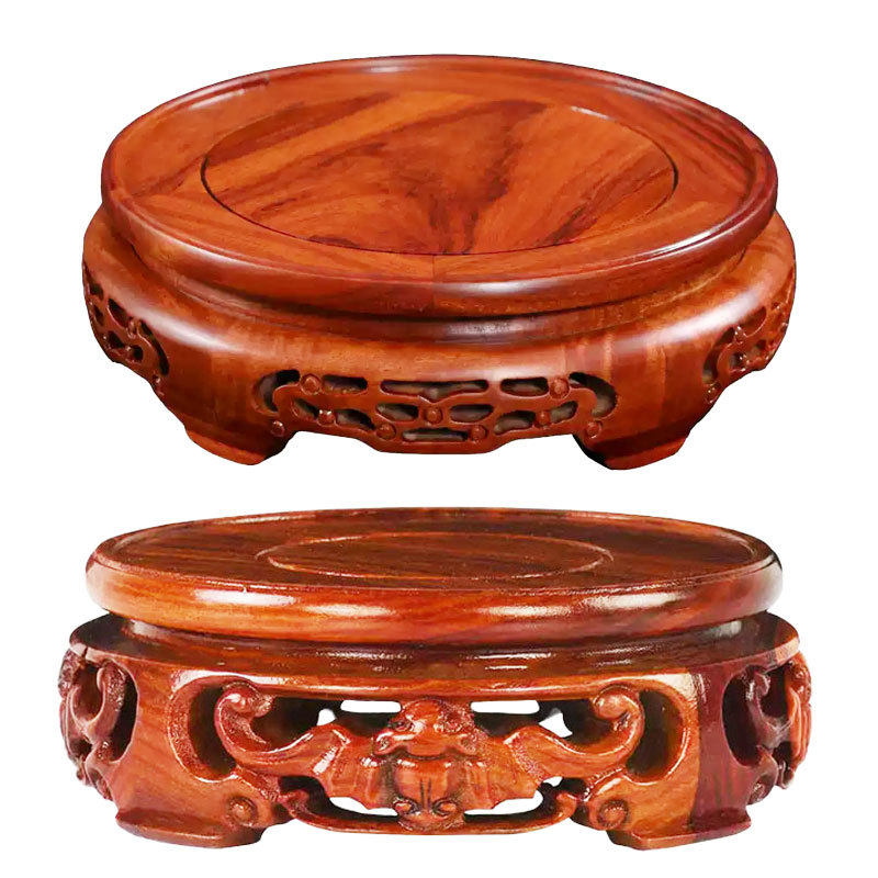 红木雕刻蝙蝠圆形底座紫砂茶壶花瓶玛瑙奇玉石头炉古董摆件底座