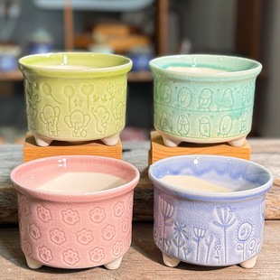 大口径陶瓷多肉花盆冲量款 简约印章冰裂浮雕花盆粗陶动物家用