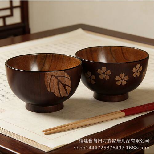 陀螺手工家用酸枣木时尚树叶碗 日式圆形情侣饭碗 时尚美观木质碗