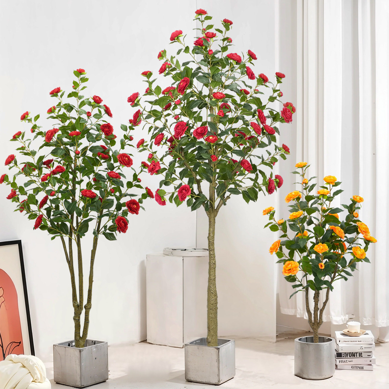 亚马逊大型仿真绿植山茶花树家居客厅落地装饰假花植物盆栽摆件