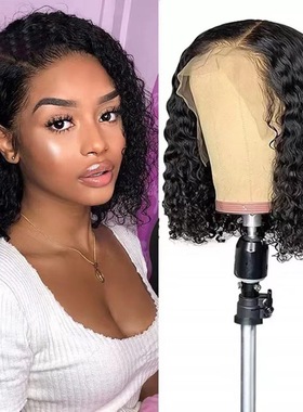 非洲小卷黑色中分短卷发 前蕾丝假发欧美化纤全头套