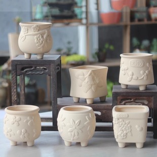 diy素烧陶瓷拇指花盆浮雕小花创意手绘立体小花盆透气带脚盆