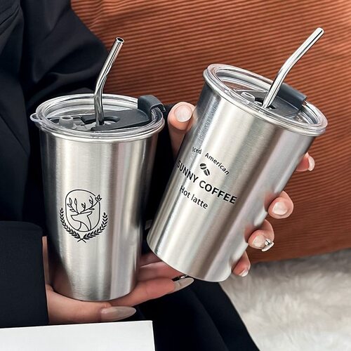 陀螺杯子高颜值加厚不锈钢咖啡杯吸管杯家用喝水学女摔工业风