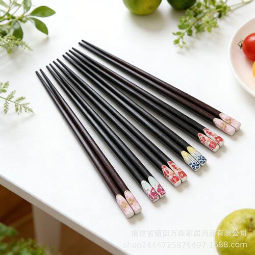 陀螺创意家居指印花筷子日式图案尖头筷无漆无蜡木质梅花波点筷