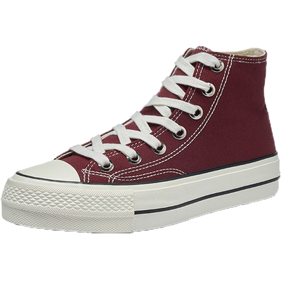 环球高帮圆头红色百搭厚底帆布鞋