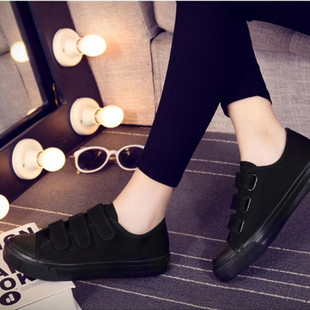休闲上班工作鞋 环球小黑鞋 纯黑色懒人鞋 女魔术贴帆布鞋 全黑色板鞋