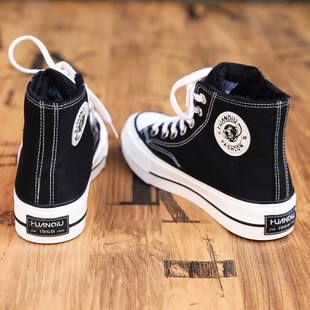 环球高帮帆布鞋女加绒2025新款冬季保暖棉鞋秋冬黑色中帮厚底板鞋