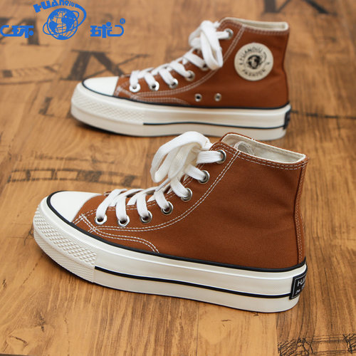 环球厚底高帮女鞋1970s帆布鞋百搭焦糖色2026新款春季休闲板鞋子