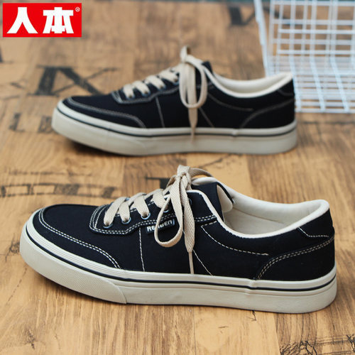 人本男鞋2025秋季新款薄底帆布鞋男透气休闲板鞋黑色男士运动鞋子