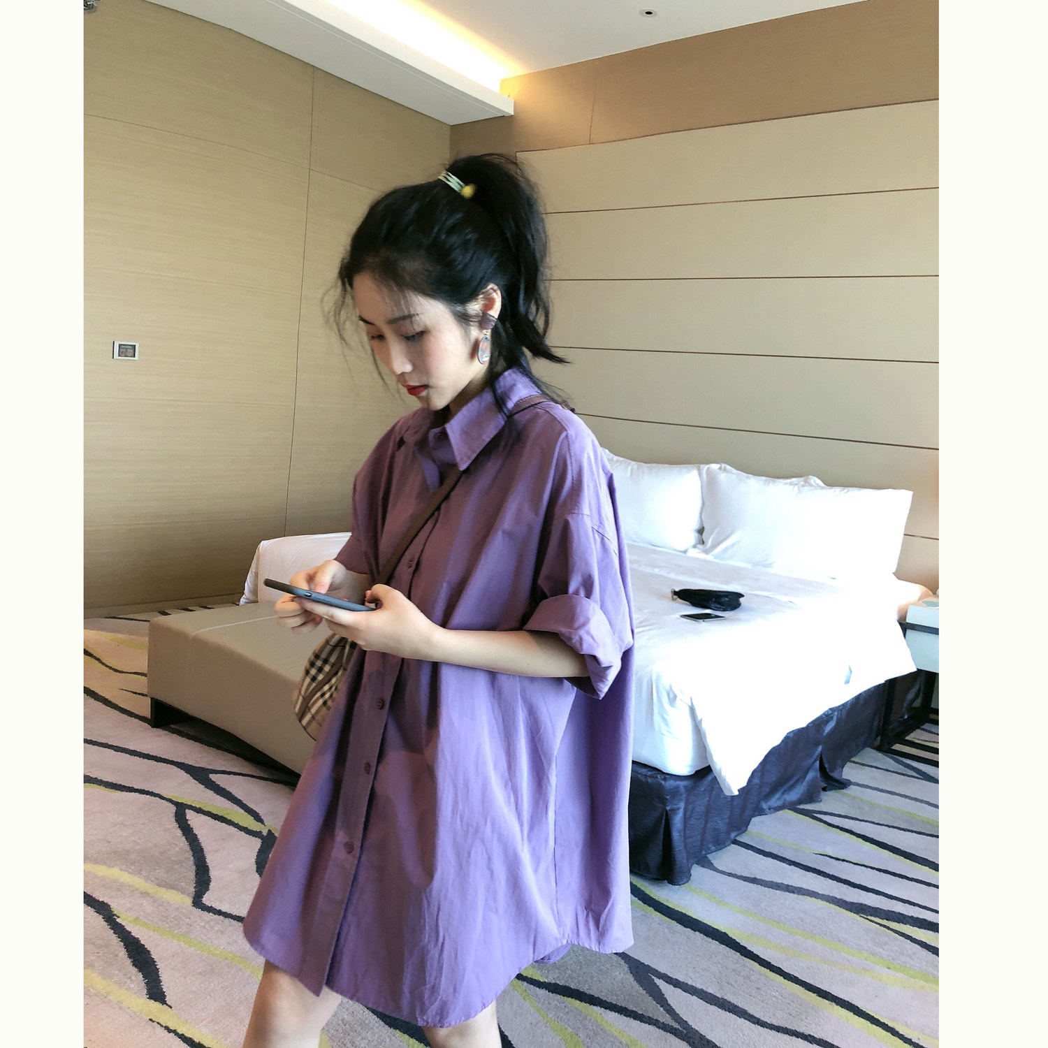 cheers干杯 / 薰衣草紫色中长款oversize男友风韩版短袖纯色衬衫