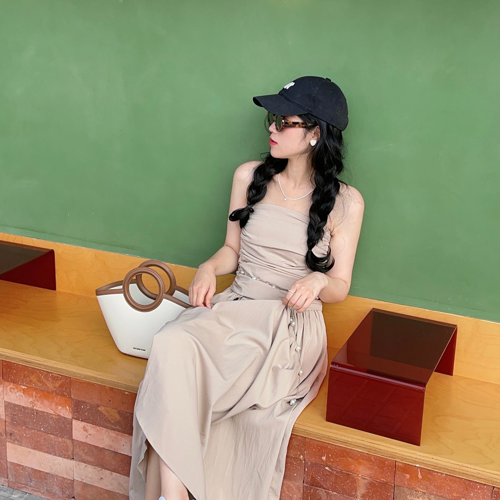 抹胸褶皱纯色显瘦连衣裙