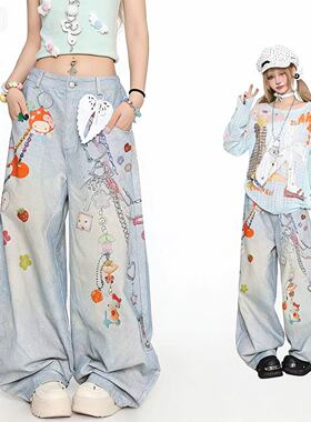 NovaMode3D打印趣味卡通图案牛仔裤女夏季新款宽松百搭阔腿拖地裤