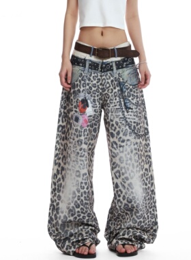 NovaMode美式复古双腰头3D印花豹纹牛仔裤女高腰宽松直筒阔腿长裤