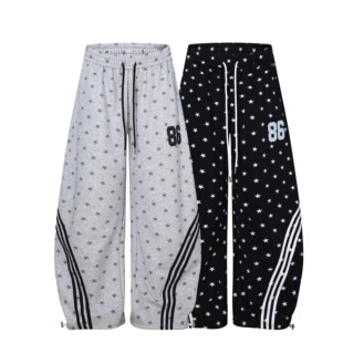 NovaMode星星满印条纹三条杠卫裤 子 女宽松跳舞运动阔腿弯刀休闲裤
