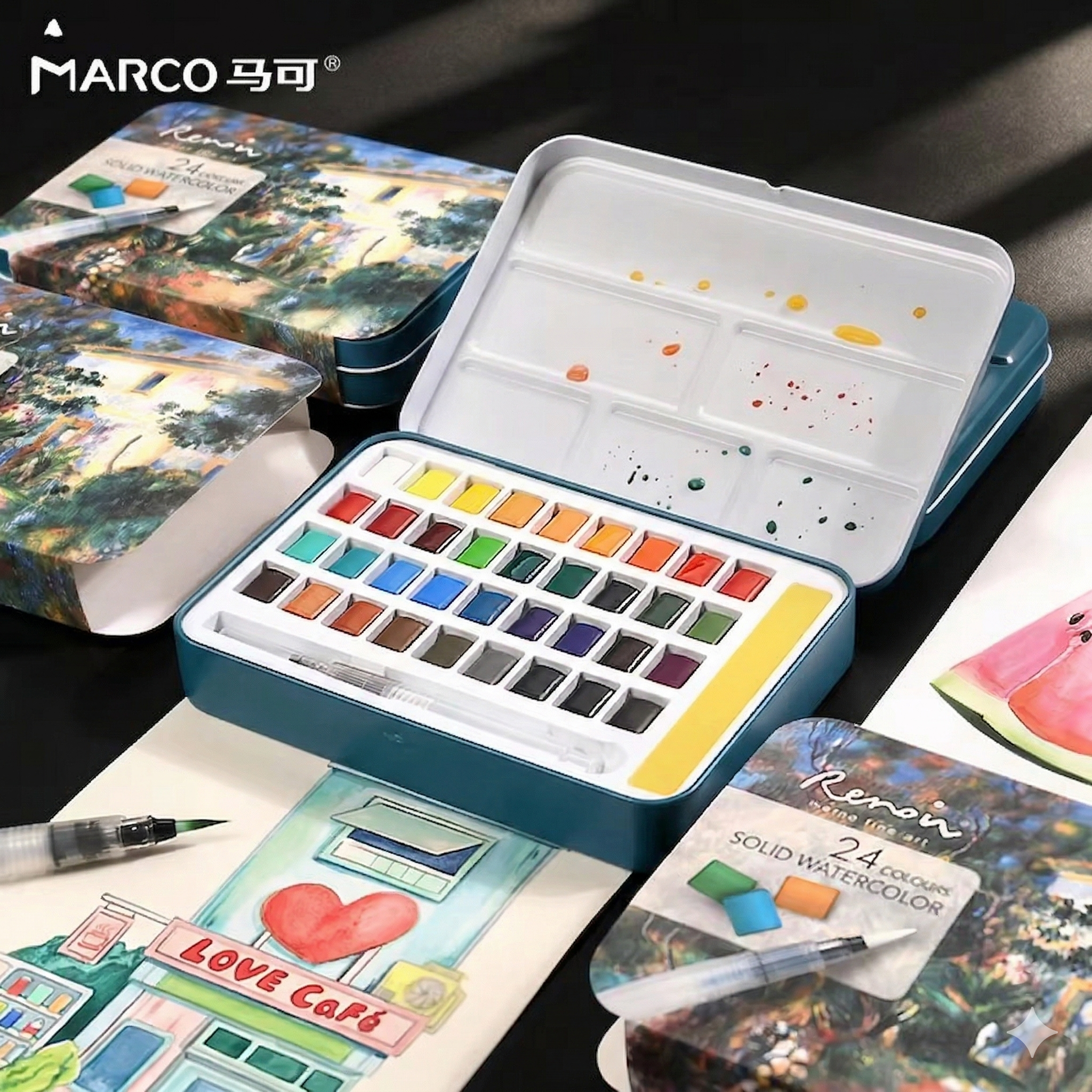 MARCO马可水粉颜料套装美术生小学生专用绘画全套固体水彩工具铁盒分装随身便携专业写生画画笔美术用品文具