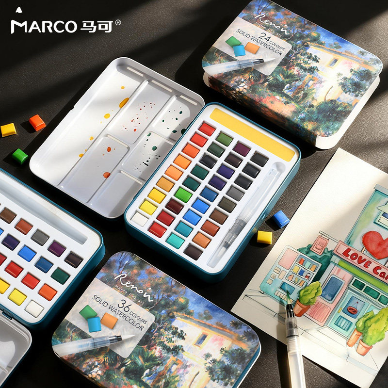 MARCO马可雷诺阿固体水彩颜料分装铁盒学生美术生专用水粉绘画画笔工具随身便携专业写生水彩画套装全套