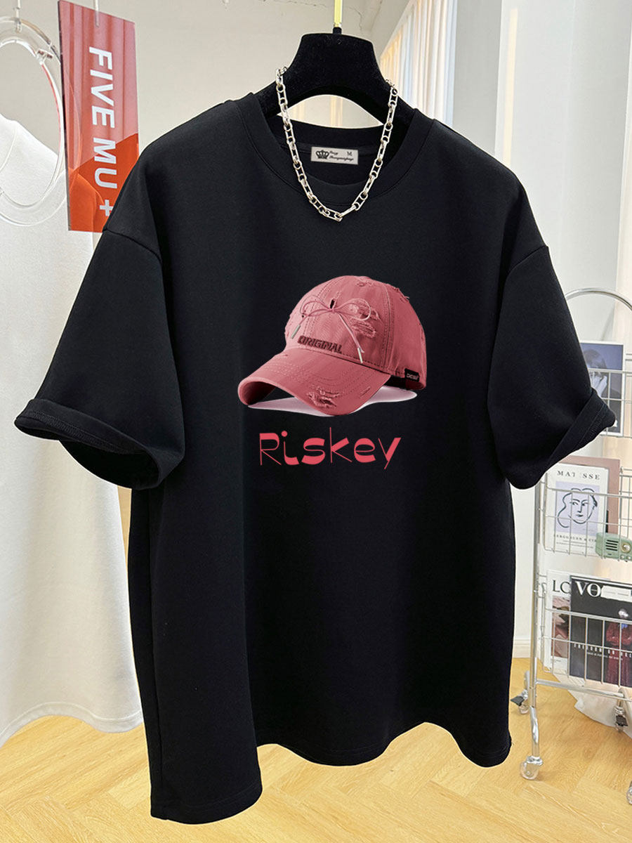 2026新款夏季韩版粉色帽子印花大版宽松纯棉黑色短袖t恤女中长款