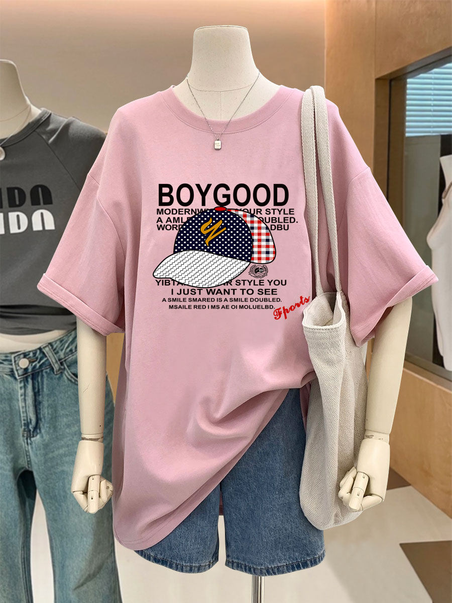 2026新款夏季字母帽子印花大版宽松纯棉粉色短袖t恤女中长款潮牌