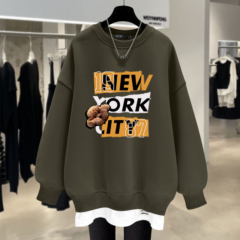 宽松卫衣圆领假两件中长款