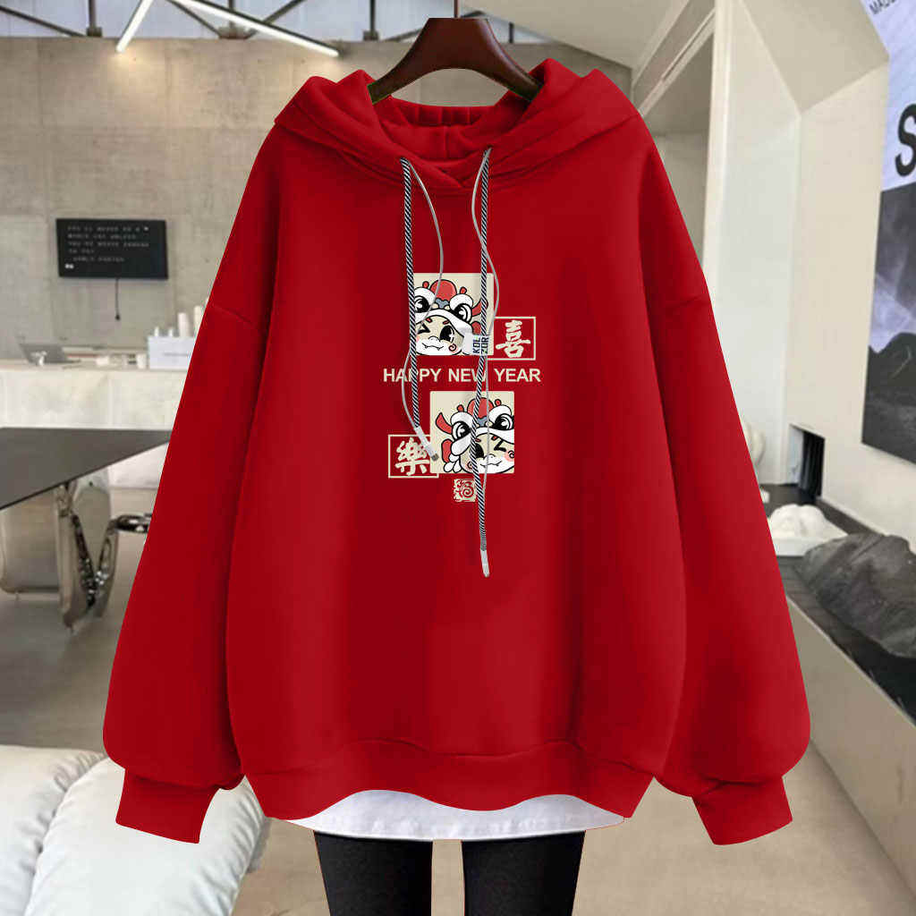 喜乐蛇狮本命年红色连帽卫衣女2025秋冬宽松加绒加厚假两件中长款,女装/女士精品,卫衣/绒衫,淘宝优惠券,粉丝福利购,淘宝优惠卷