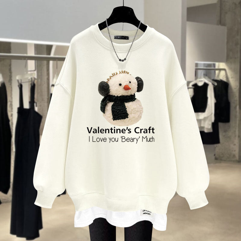 耳套雪人卡通圆领卫衣女2025春秋冬加绒加厚假两件中长款遮屁股潮,女装/女士精品,卫衣/绒衫,淘宝优惠券,粉丝福利购,淘宝优惠卷