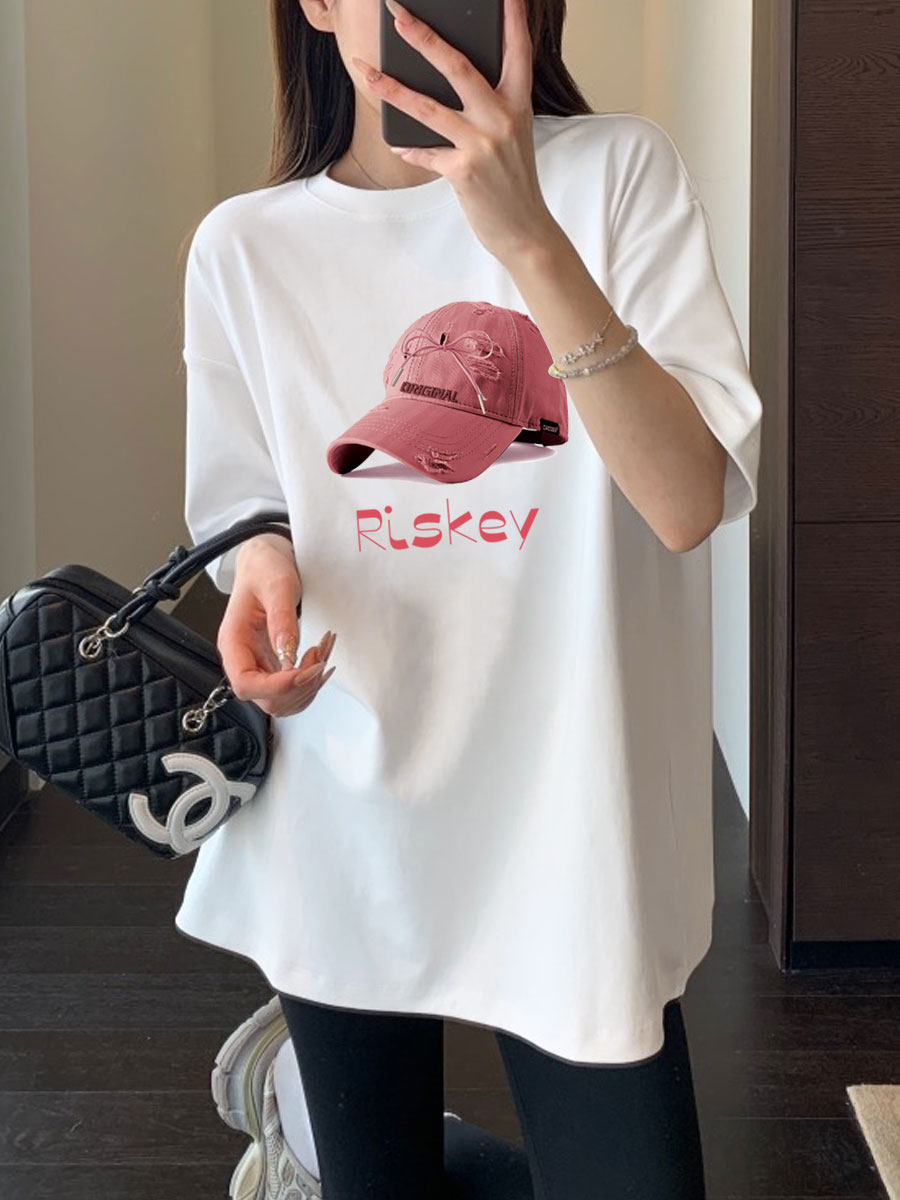 2025新款夏季韩版蝴蝶结粉色帽子潮大版宽松白色短袖t恤女中长款