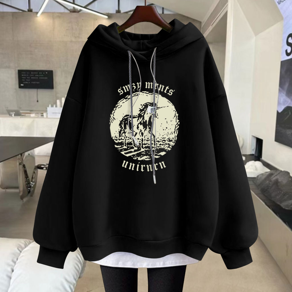 宽松独角兽连帽卫衣假两件