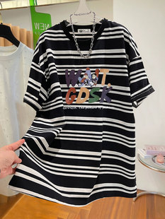 条纹短袖T恤女2026年夏季新款韩版小众休闲显瘦字母卡通印花上衣