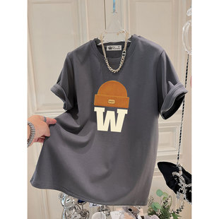 2026新款夏季韩版小众设计感字母上衣休闲宽松灰色短袖t恤女潮牌