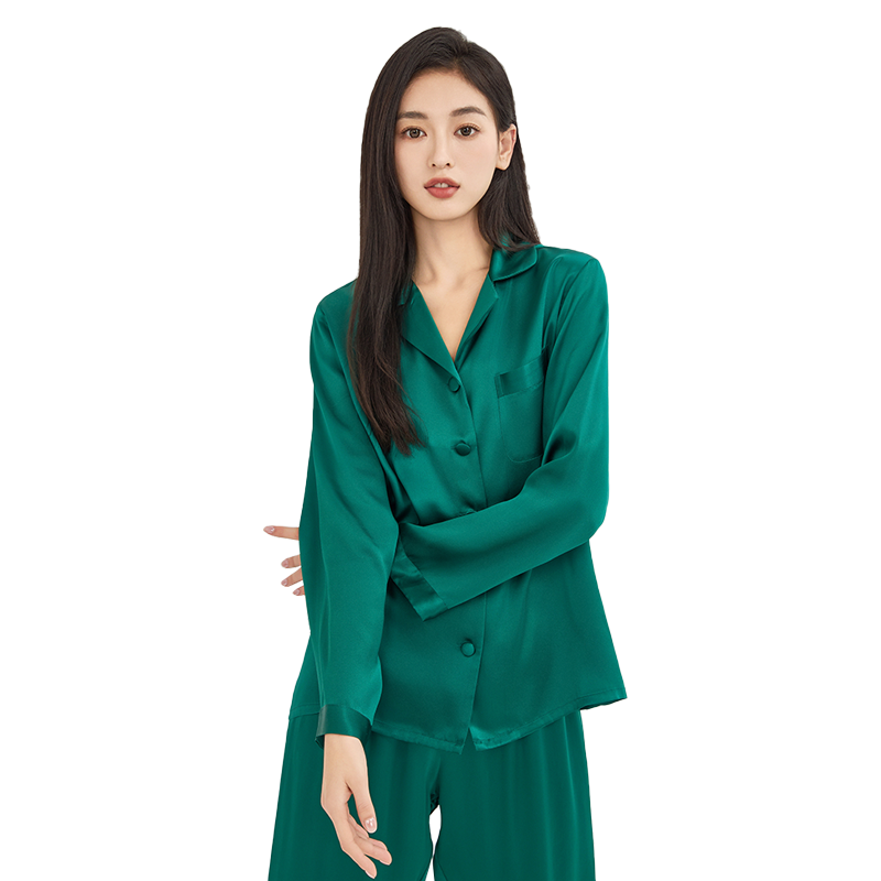 狄兰丝真丝睡衣女纯色长袖两件套装100%桑蚕丝丝绸新款家居服