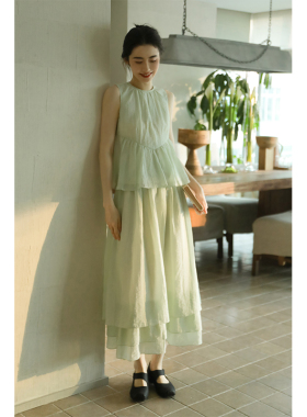 apa studio夏季新款度假系列薄微胖宽松荷绿温柔禅意荷叶边套装女