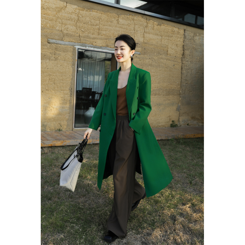 apa studio莫奈绿经典双排扣长款西装外套女秋冬季新款高级感西服