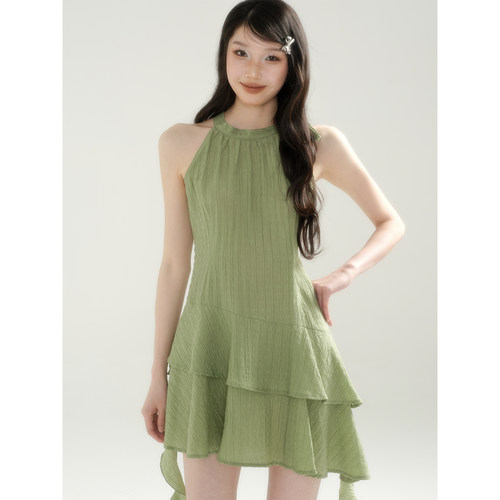 apa studio【森野小曲】夏季法式飘带挂脖连衣裙收腰荷叶边短裙