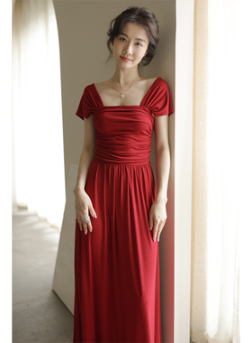 apa studio少女诗集法式方领收腰连衣裙女露背裙高级感红色礼服裙