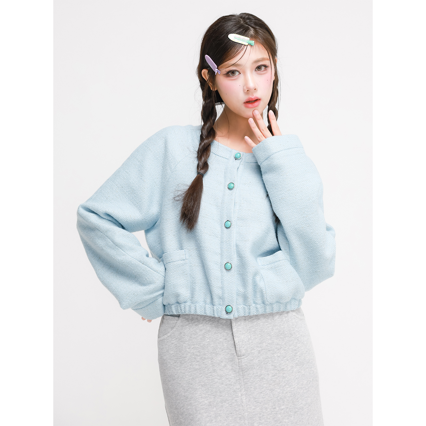 apa studio 秋季针织开衫女慵懒风短款纽扣长袖圆领上衣小香外套