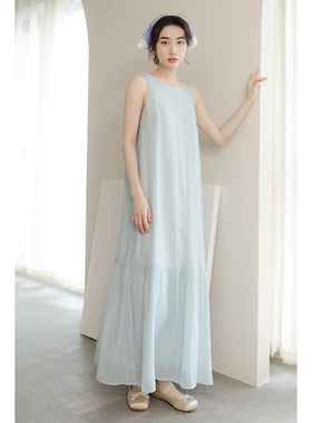 apa studio完美假期温柔无袖气质法式度假多巴胺穿搭蓝色气质长裙