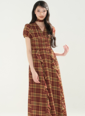 apa studio【女孩系列】复古红色格子连衣裙夏季挂脖a字收腰长裙