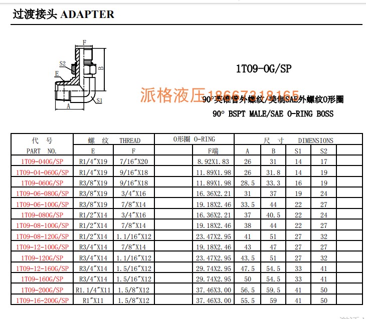 厂家直销液压卡套接头1TO9接头90°英锥管外螺纹/美制SAE外螺纹O