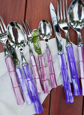 意大利Rivadossi紫粉流光亚克力竹节不锈钢刀叉餐勺咖啡勺甜品叉
