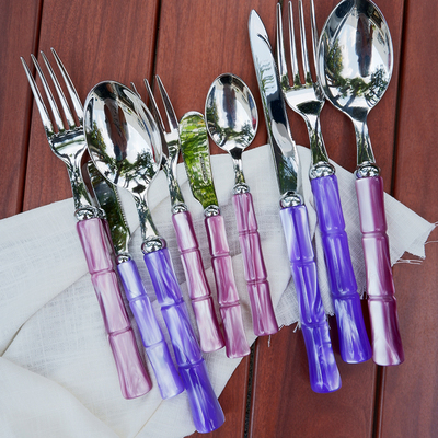 紫粉色流光亚克力竹节不锈钢刀叉