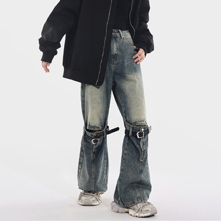 美式复古水洗做旧微喇牛仔裤男款设计感皮带拼接破洞直筒休闲长裤