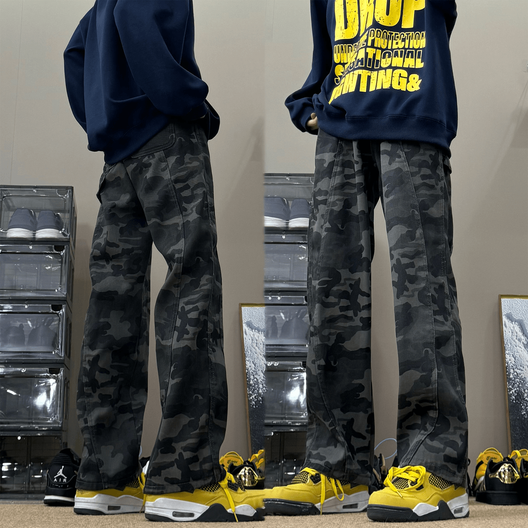 春秋季潮牌美式高街直筒休闲裤子迷彩工装牛仔裤男款潮牌宽松长裤