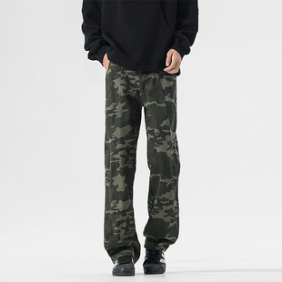 男款 裤 春秋季 宽松微喇长裤 美式 子潮牌高街牛仔裤 复古vibe迷彩工装