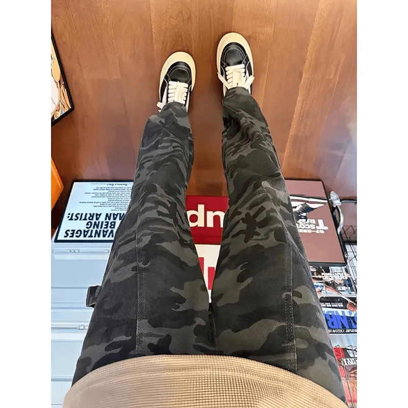 美式高街迷彩解构设计牛仔裤男冬季潮牌复古hiphop宽松直筒休闲裤