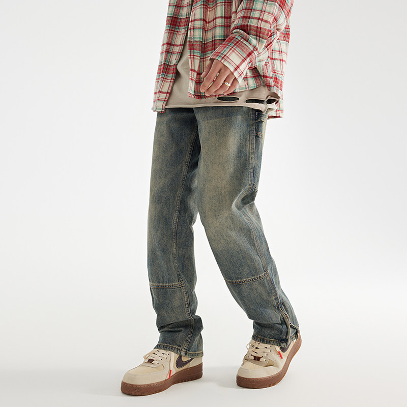 美式潮牌拉链直筒牛仔裤男款春秋季微喇长裤设计感工装痞帅休闲裤,男装,牛仔裤,淘宝优惠券,粉丝福利购,淘宝优惠卷